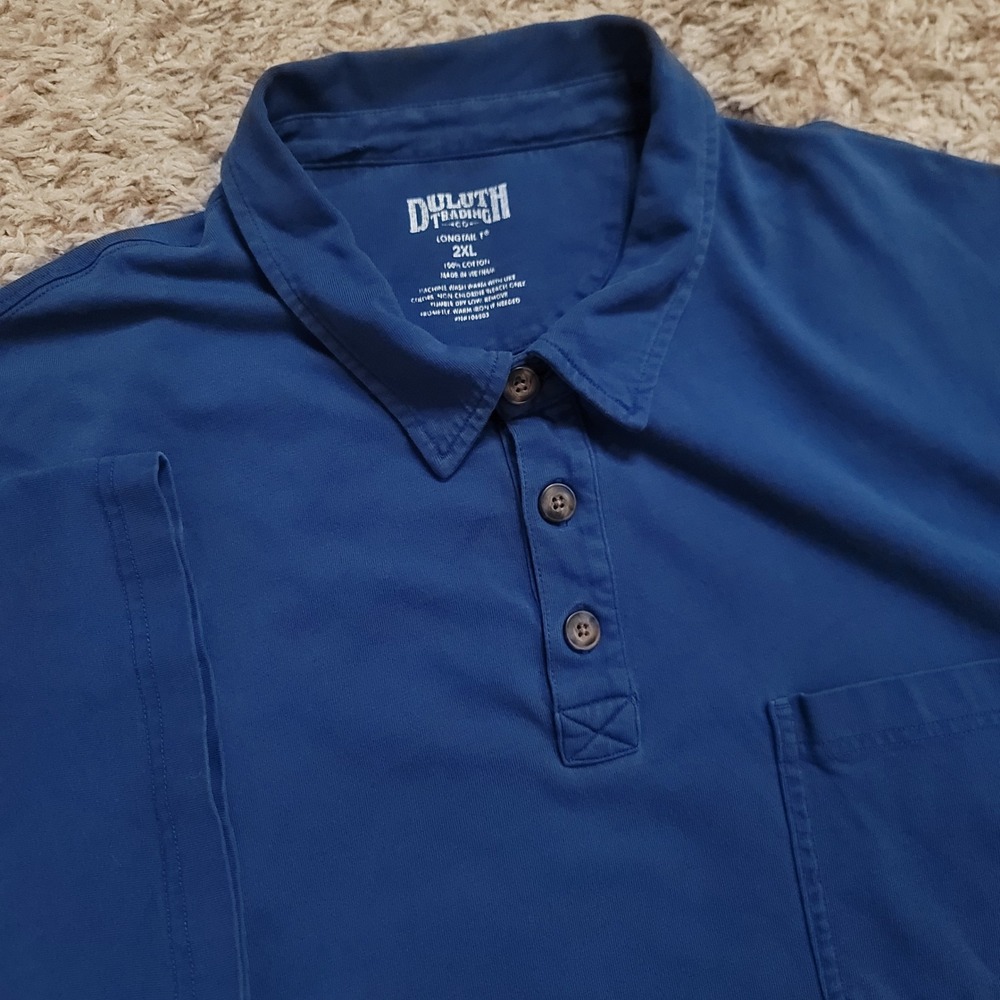 Duluth Trading Co Polo Shirt Mens 2XL Blue Longtail T Short Sleeve Cotton Pocket